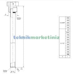 PAKKENS Paslanmaz AISI-316L TERMOVİL, Termometre Termovel, Isı Sensörü Kovanı G1/2'', Dalma Boyu :