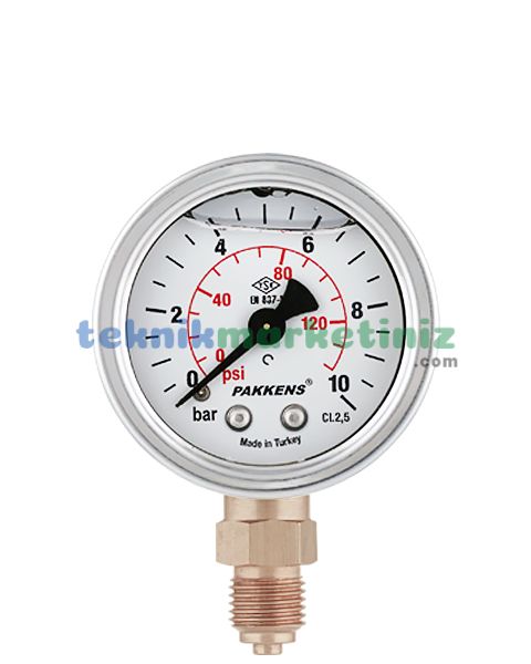 Ø50mm 0-1 Bar Alttan Bağlantılı Gliserinli, Sıvı Dolgulu G1/4'' Manometre, Basınç Göstergesi CL2,5 PAKKENS