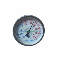 Ø63mm -30/+60°C Derece, 5 cm Arkadan Çıkışlı Prinç Termovilli G1/2'' Bi-Metal Sıcaklık Ölçer, Termometre, Mekanik Isı Gösterge Saati, EN 13190, CL2,0 PAKKENS