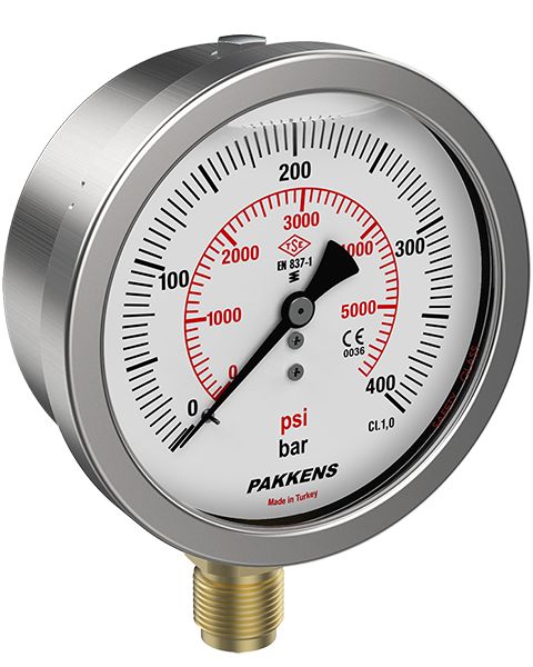 Çap Ø100mm Sıvı Dolgulu Hassas Basınç Ölçer Manometre PAKKENS (Alttan Bağlantı, Arkadan Bağlantı Eksenden Kaçık Panotip) ve 0/0,6..1..1,6..2,5..4..6..10..16..25..40..60..100..160..250..315..400..600  BAR/PSİ SEÇENEKLERİYLE