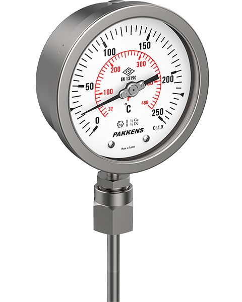 ÇAP Ø100mm 0-250 C° KOMPLE PASLANMAZ ALTTAN BAĞLANTILI PAKKENS MEKANİK GÖSTERGELİ Bİ-METAL SICAKLIK ÖLÇER, TERMOMETRE