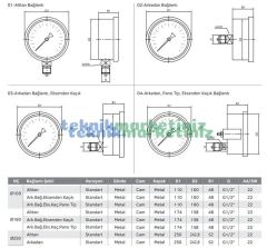 Ø100mm 0/10 Bar Panotip Arka Bağlantılı Kurutip CL1,0 Hassas Basınç Ölçer, Manometre G1/2'' Prinç Bağlantı Elemanlı Class 1,0 PAKKENS