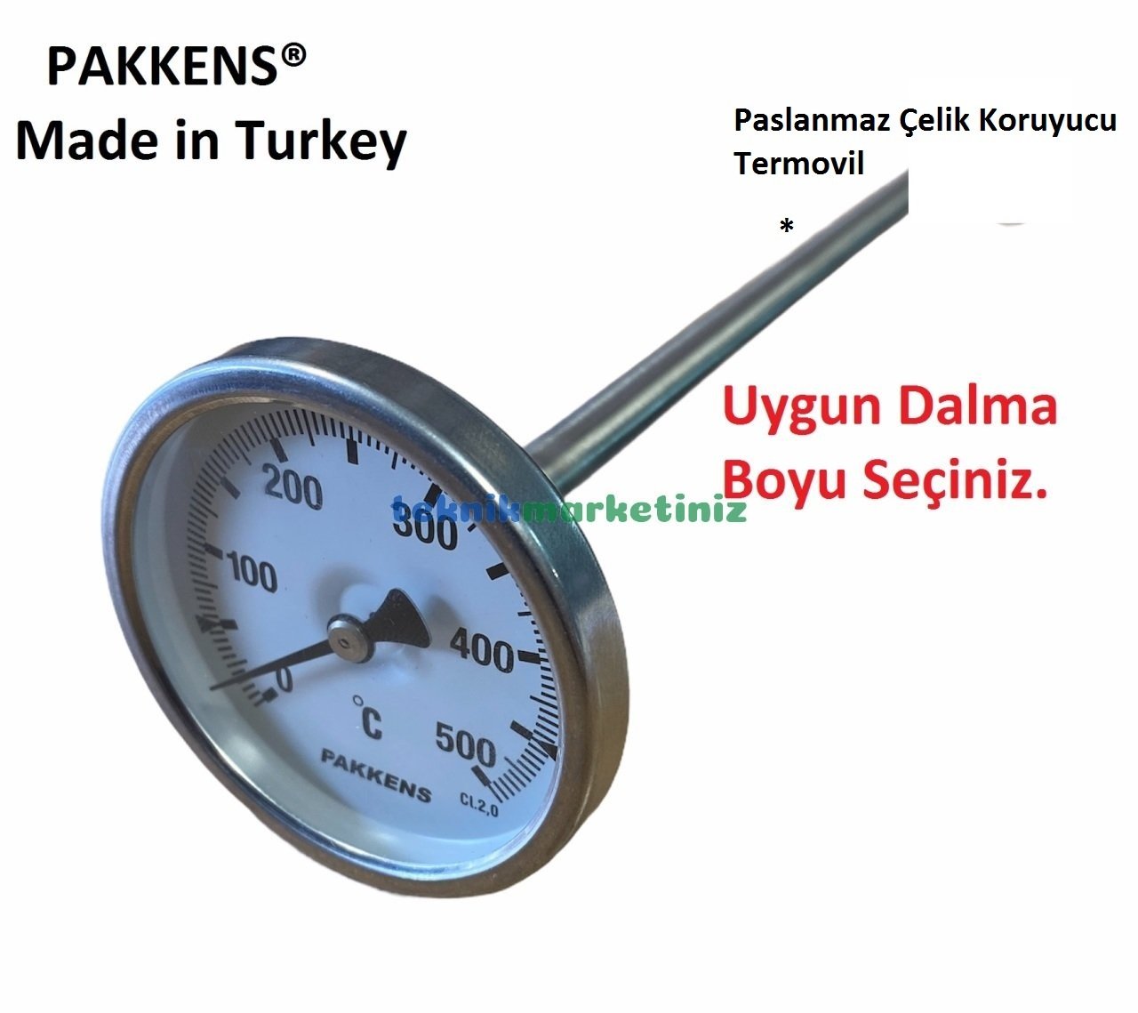 Ø63mm 500 C° 50 cm Dalma Boylu Fırın / Taş Fırın Termometresi PAKKENS