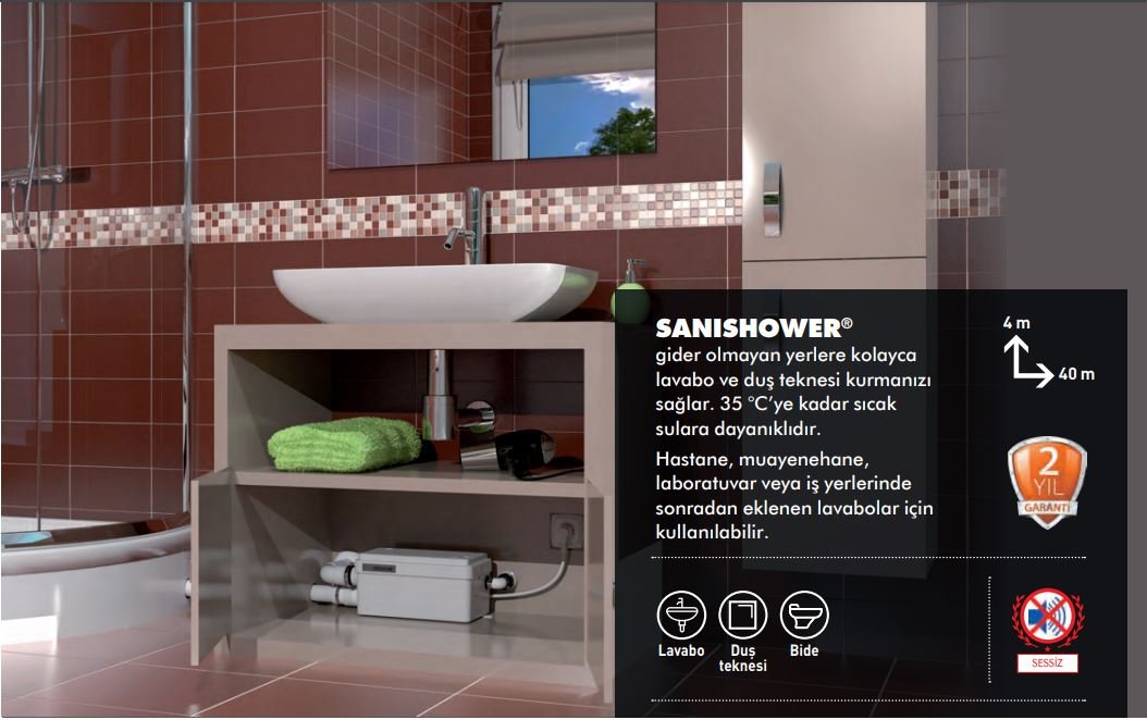 Sanishower 2 Ünite Girişli, Duş Kabini ve Lavabo Pis Suları Tahliye Pompası