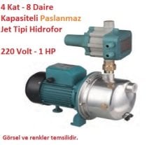 4 Kat - 8 Daire Kapasiteli Paslanmaz Jet Tipi Pompalı Hidromatlı Hidrofor 45mSS - 3 m3/saat 220 Volt 1 HP