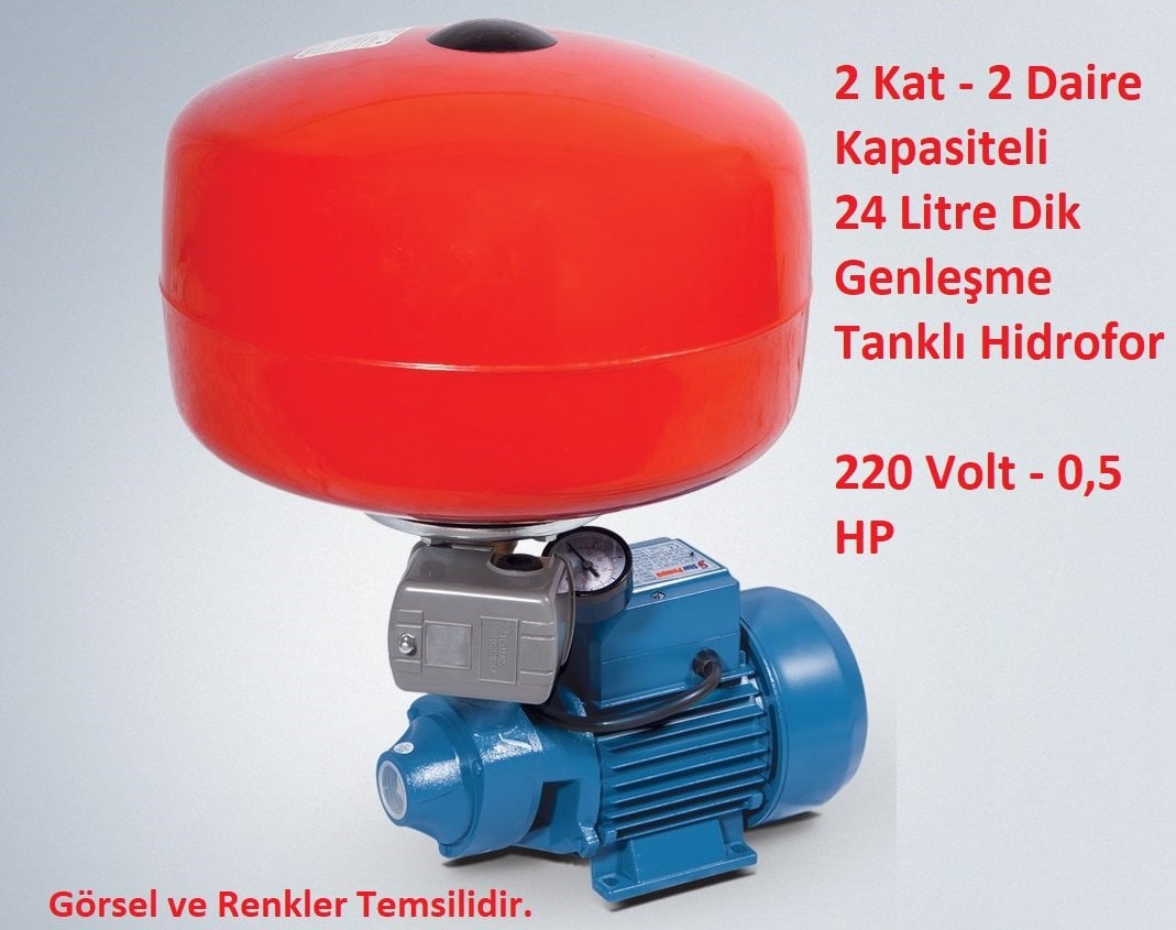 2 Kat - 2 Daire Kapasiteli 24 Litre Dikey Tanklı Paket Hidrofor 40mSS - 2,5 m3/saat 220 Volt 0,5 HP Preferikal Pompalı