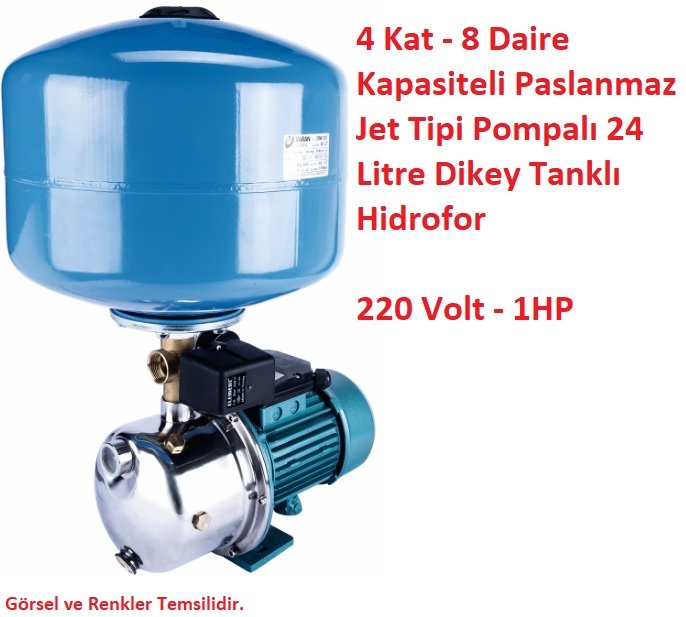 4 Kat - 8 Daire Kapasiteli Paslanmaz Jet Tipi Pompalı Paket Hidrofor 45mSS - 3 m3/saat 220 Volt 1 HP, 24 Litre Dik Tanklı