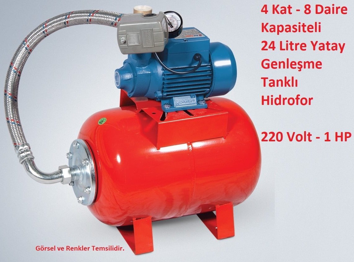 4 Kat - 8 Daire Kapasiteli 24 Litre Yatık Tanklı Paket Hidrofor 65mSS - 3 m3/saat 220 Volt 1 HP Preferikal Pompalı