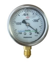 Ø63mm -760 / 0 mmHg Alttan Bağlantılı Gliserinli (Sıvı Dolgulu) G1/4'' Vakummetre, Vakum Göstergesi CL2,5 PAKKENS