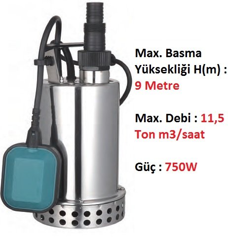 750W 9 mSS - 11 Ton m3/saat Temiz Su Drenaj Dalgıç Pompası Paslanmaz Gövdeli 220Volt MOMENTUM PKS-750S