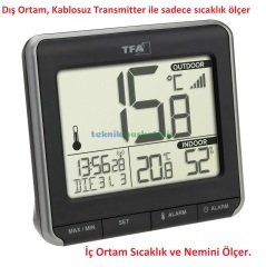 Alarmlı Saatli, Kablosuz Transmitterli, Telsiz, Dış Ortam Sıcaklık Ölçer(Alarmlı) - İç Ortam Sıcaklık ve Nem Ölçer Termo-Higrometre TFA Dostmann 30.3069.01 TM832.1006.01