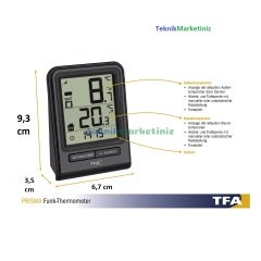 Saatli, Kablosuz Transmitterli, Telsiz, Dış Ortam ve İç Ortam Sıcaklık Ölçer Termometre TFA Dostmann ''PRISMA'' 30.3063.01 TM832.1010.01