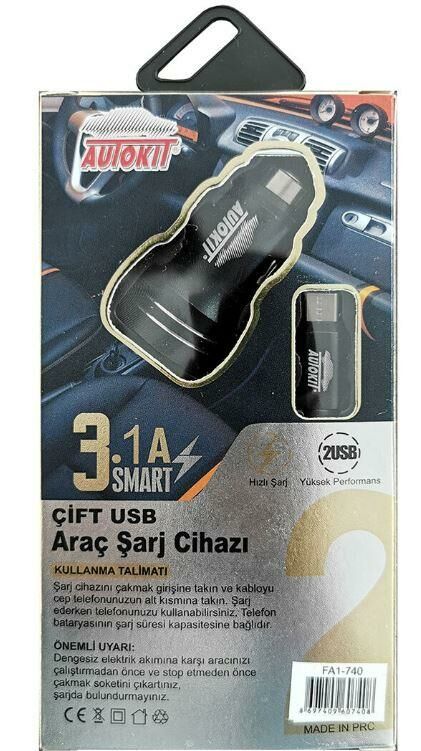 Autokit Metal Araç Şarjı 2 Usb 3.1 Amper Typec