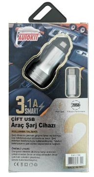 Autokit Metal Araç Şarjı 2 Usb 3.1 Amper Iphone