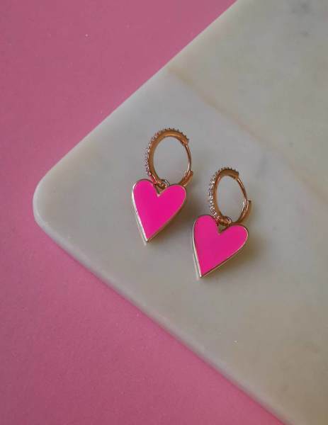 Neon Pembe Mineli Kalp Küpe Küçük TEK