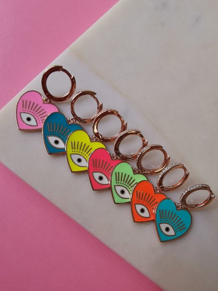 Neon Pembe Mineli Kalp Göz Küpe TEK