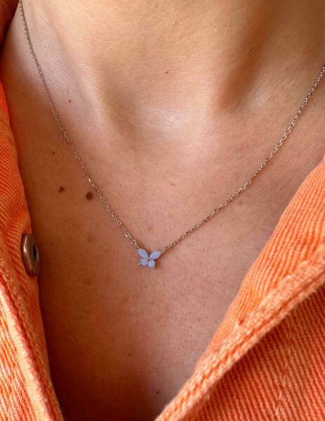 Pudra Mavi Opal Taşlı Kelebek Kolye-İthal
