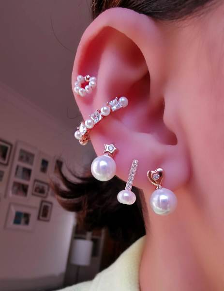 İncili Taşlı Earcuff Kıkırdak Küpe-İthal