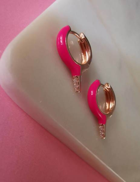 Neon Pembe Mineli Kısa Kurşun Küpe-İthal TEK
