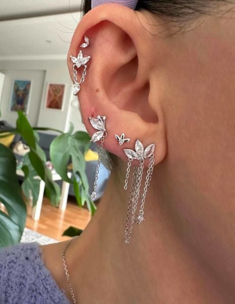 Zincirli Lotus Çiçeği İthal Küpe-TEK
