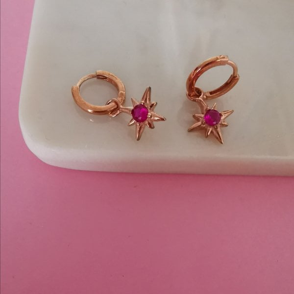 Pembe Taşlı Kutup Yıldızı Küpe ÇİFT