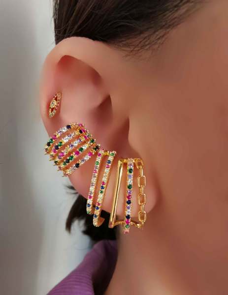 Beş Sıralı Rainbow Taşlı Earcuff Küpe-İthal