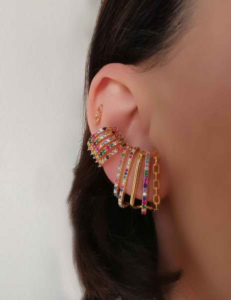 Beş Sıralı Rainbow Taşlı Earcuff Küpe-İthal