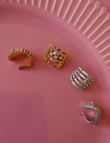 Beş Sıralı Rainbow Taşlı Earcuff Küpe-İthal