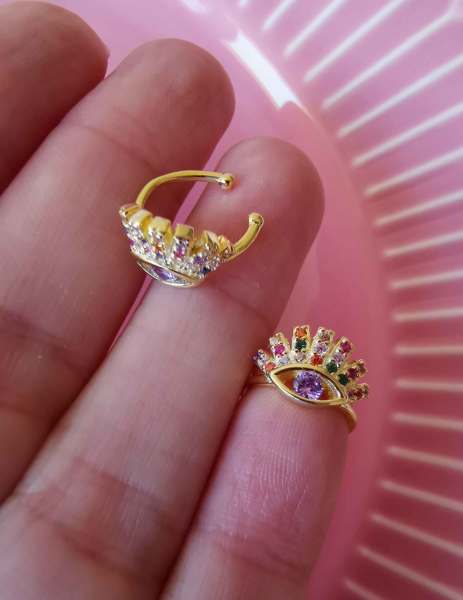 Rainbow Taşlı Kirpik Earcuff Kıkırdak Küpe-İthal