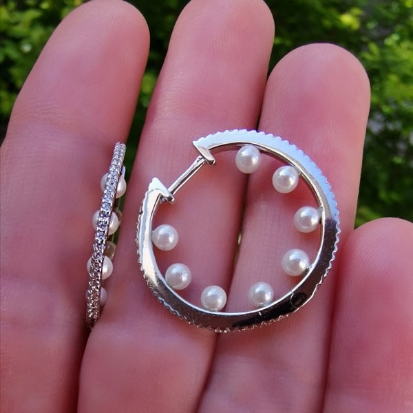 İçi İncili Dışı Taşlı Halka Küpe- 2,5 cm ÇİFT