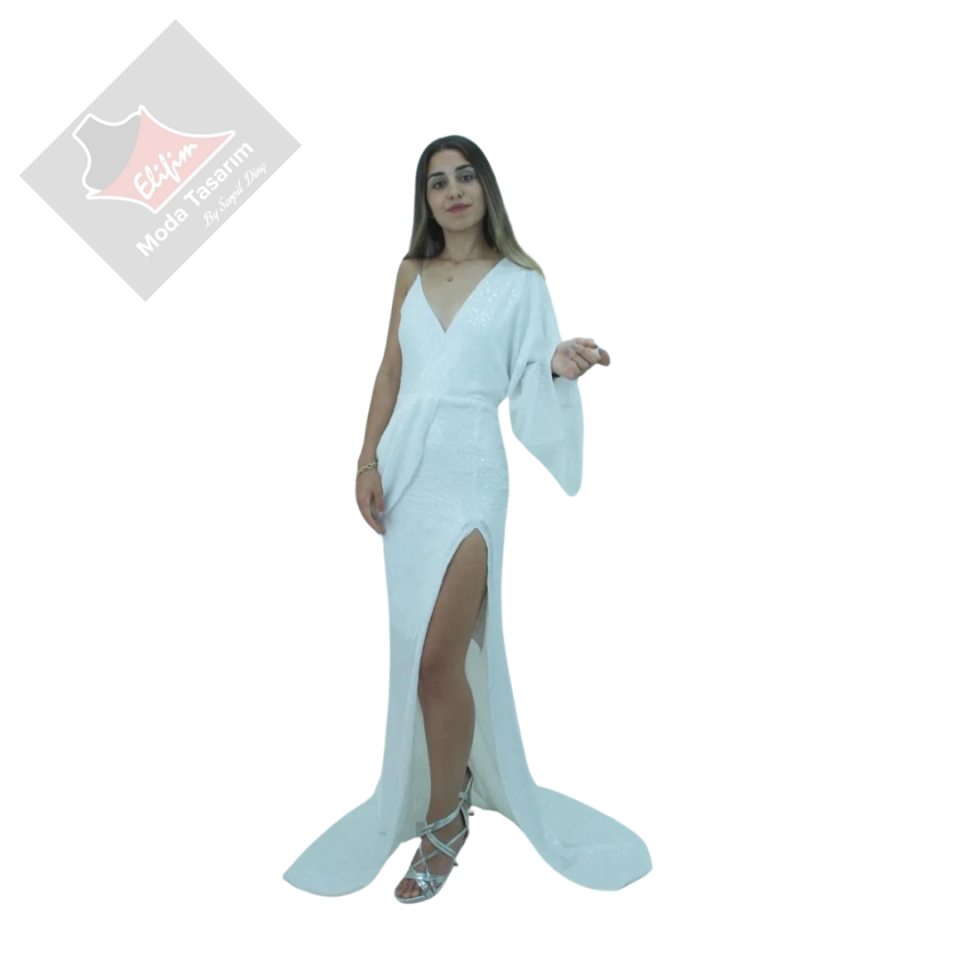 Beyaz Payet Tek Omuz Maxi Elbise