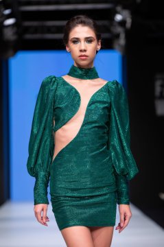 Serpil Dinç Zümrüt Yeşili Uzun Kol Mini Elbise