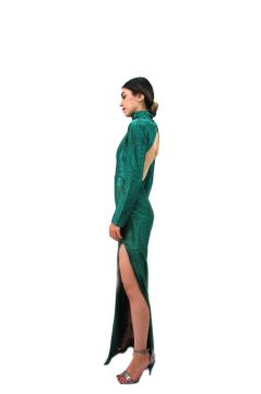 Sırt Dekolteli Zümrüt Yeşili Uzun Elbise
