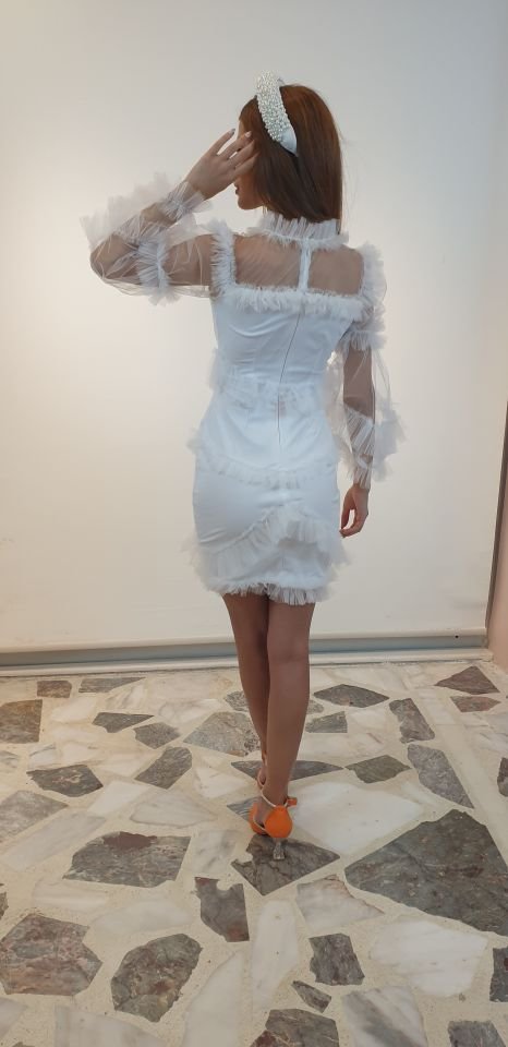 Tasarım Tül Detaylı Beyaz Nikah& After Party&Mezuniyet Elbisesi