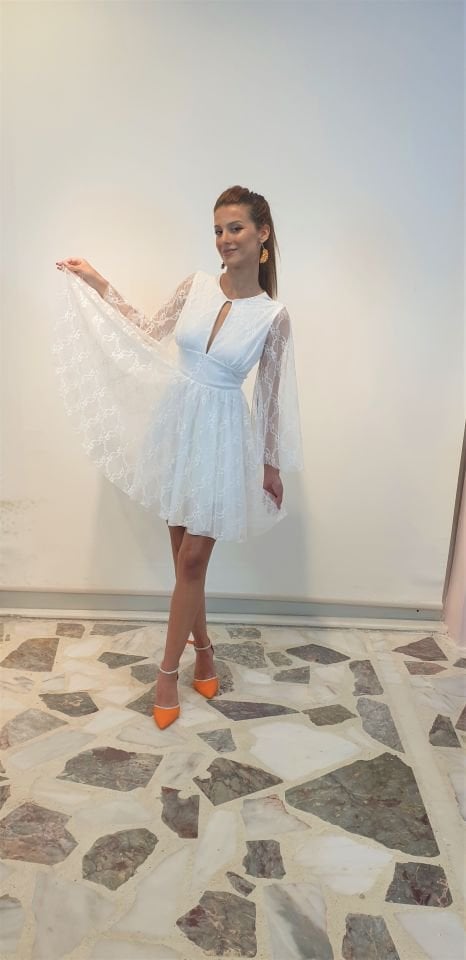 Tasarım Tül Detaylı Beyaz Nikah& After Party&Mezuniyet Elbisesi