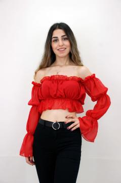 Madonna Yaka Düşük Omuz İpek Şifon Kırmızı Büstiyer