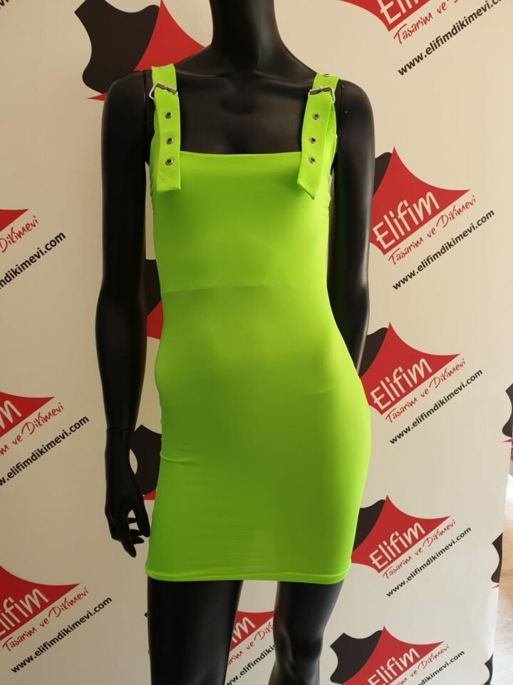 Tasarım Neon Yeşil Mini Elbise