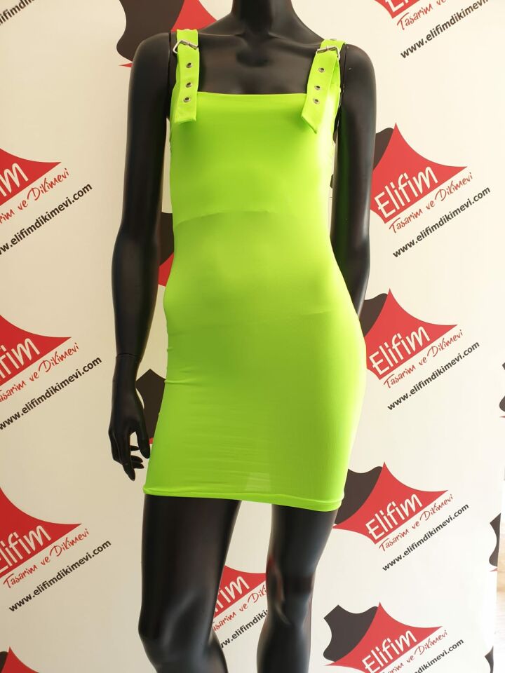 Tasarım Neon Yeşil Mini Elbise