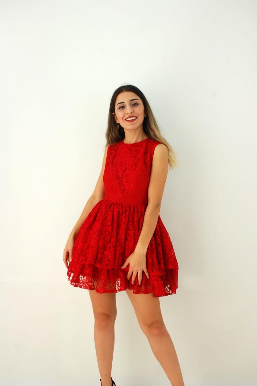 Dantel Kırmızı Mini Elbise