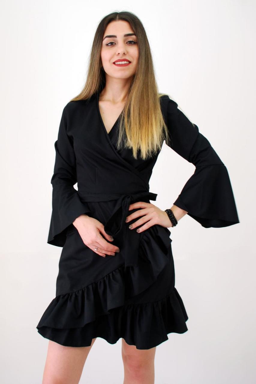 Anvelop Kesim Düz Siyah Fırfırlı Elbise