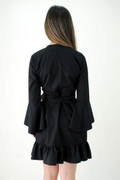 Anvelop Kesim Düz Siyah Fırfırlı Elbise