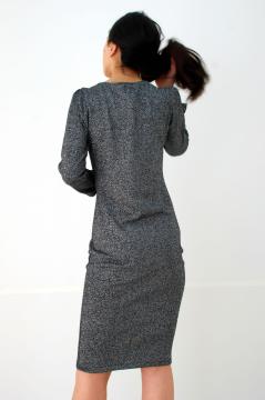 Triko Uzun Kollu Yuvarlak Yaka Simli Antrasit Basic Midi Elbise