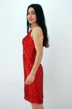 Pul Payetli Kolsuz Kırmızı Mini Elbise