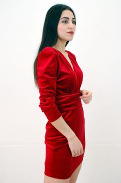 Kruvaze Yaka Kadife Kırmızı Mini Elbise
