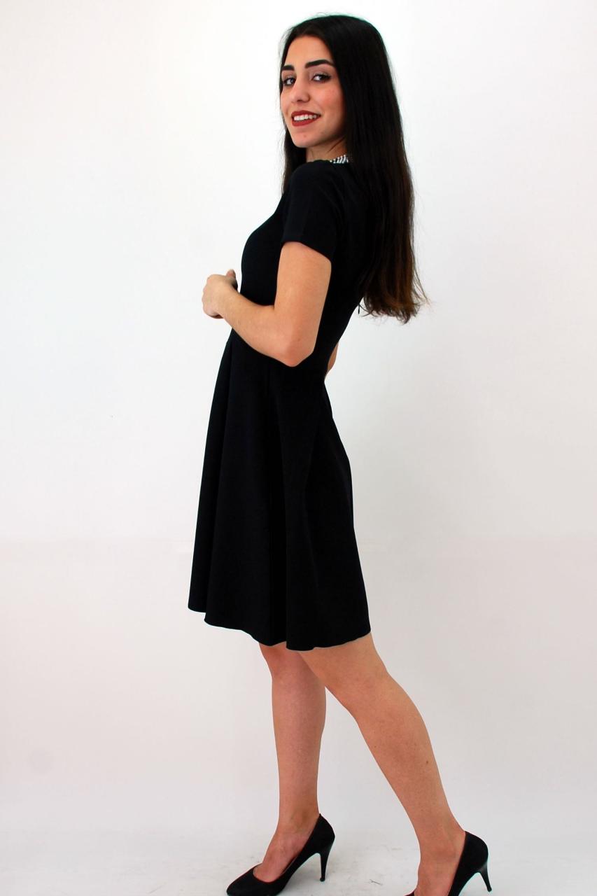 İnci Yakalı Kısa Kol Siyah Mini Elbise