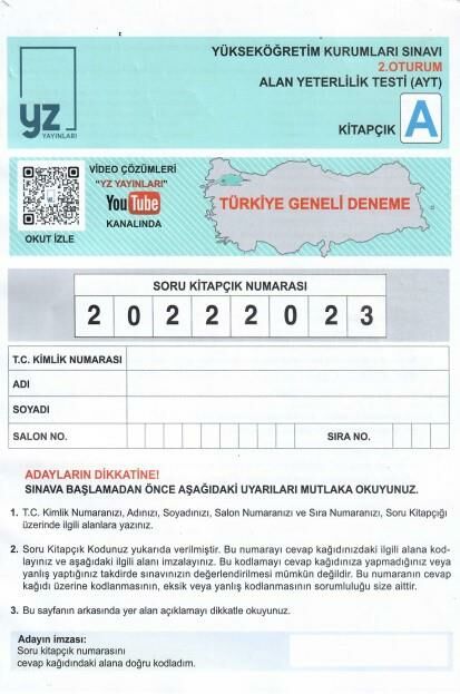 YZ Yayınları Türkiye Geneli AYT Denemesi