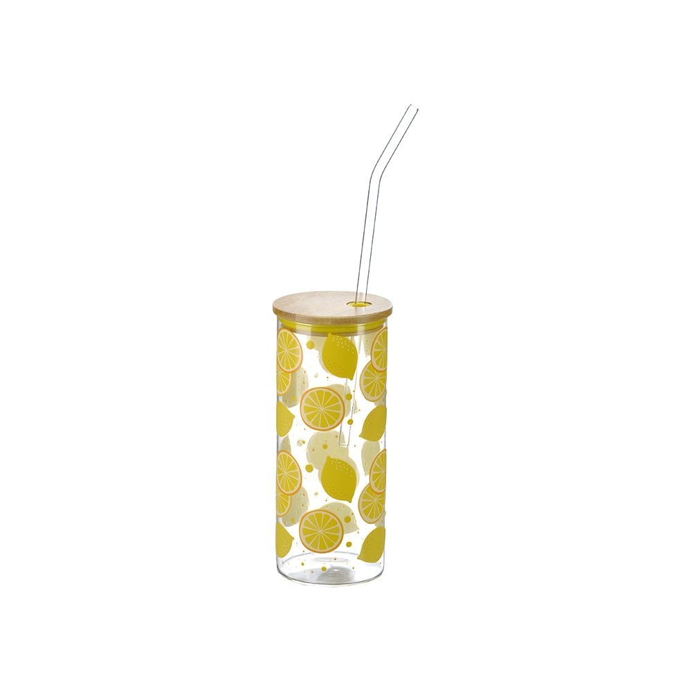 Desenli Pipetli Bambu Kapaklı Cam Bardak - 600 ml