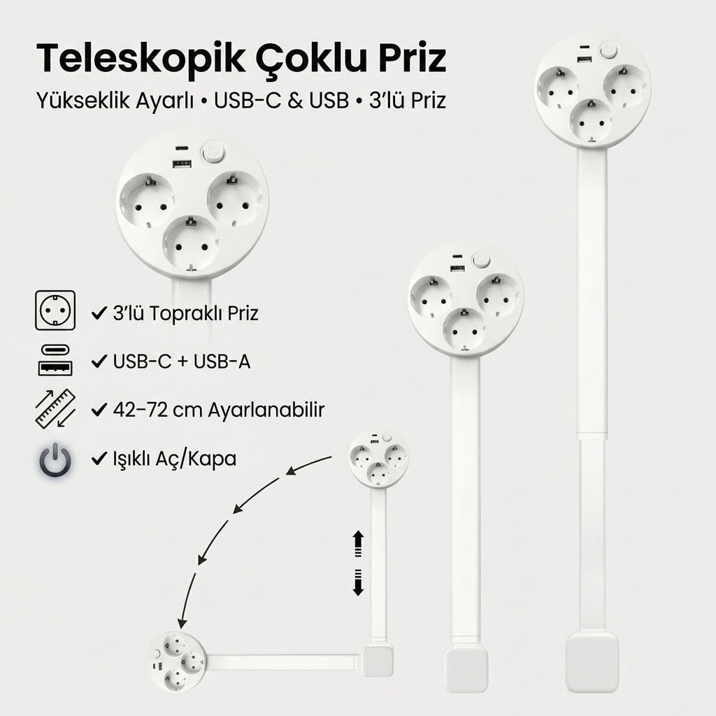 Teleskopik Masaüstü Çoklu Priz 3'lü - USB-C & USB-A - Yükseklik Ayarlı