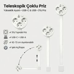 Teleskopik Masaüstü Çoklu Priz 3'lü - USB-C & USB-A - Yükseklik Ayarlı