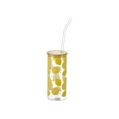 Desenli Pipetli Bambu Kapaklı Cam Bardak - 600 ml Desen 2